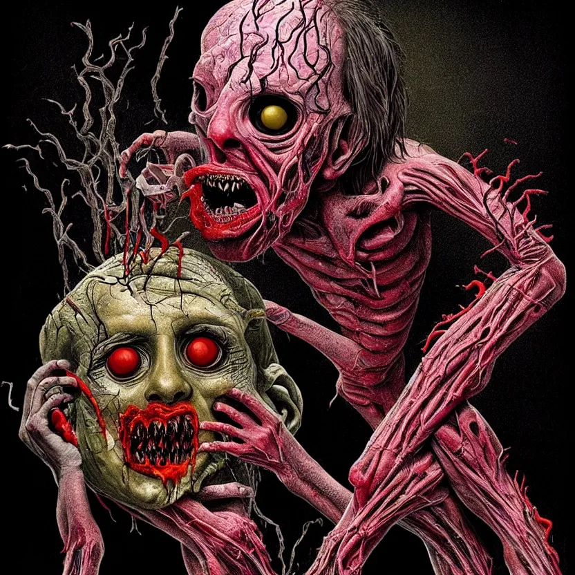 Image similar to a small very colorful flesh - eating tsikalawa, eating the leg of a terrified man, by dario argento and david cronenberg, fear, morbid, nightmare, supernatural, 8 k, digital art, highly detailed, chiaroscuro, creepy, terrifying