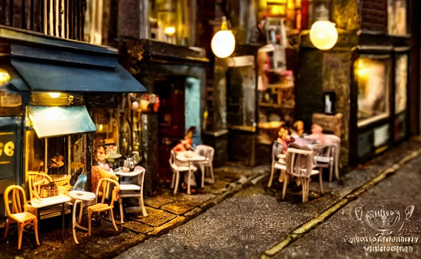 Prompt: miniature cafe nighttime diorama macro photography, cafe for mice, alleyway, ambient, atmospheric, british, bokeh, romantic