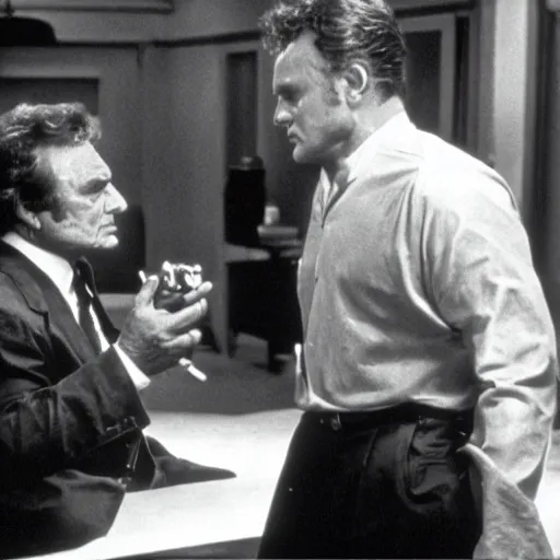 Prompt: Columbo Peter Falk interviewing Hannibal Lecter Anthony Hopkins, cinematic, movie still, Eastman 5384 film