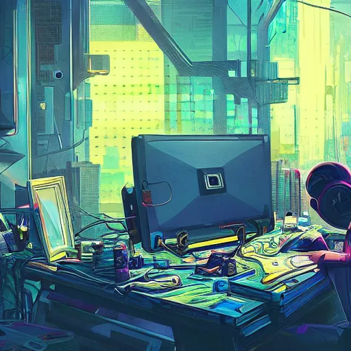 Prompt: a man sitting at a computer in a messy cluttered room, cyberpunk art by Victor Mosquera, Anton Fadeev, omineAdrian theCHAMBA, behance contest winner, pixiv contest winner, tumblr contest winner, panfuturism, deconstructivism, parallax, https://i.ibb.co/Wz2Fw91/sebastian-szmyd-vhs-cyberpunk-2.jpg