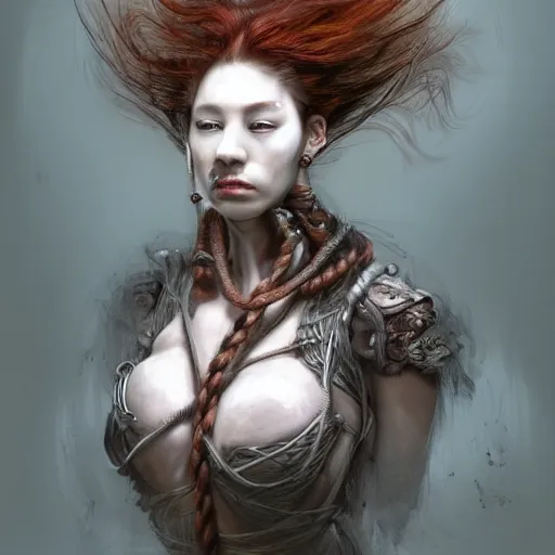 Image similar to portrait of a Shibari rope wrapped face and neck, headshot, insanely nice professional hair style, dramatic hair color, digital painting, of a old 15th century, old cyborg merchant, amber jewels, baroque, ornate clothing, scifi, realistic, hyperdetailed, chiaroscuro, concept art, art by Franz Hals and Jon Foster and Ayami Kojima and Amano and Karol Bak,