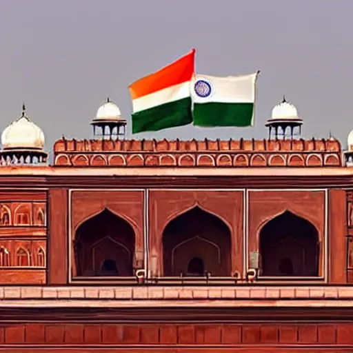 Prompt: an illustration of indian flag hoisted on red fort in delhi.