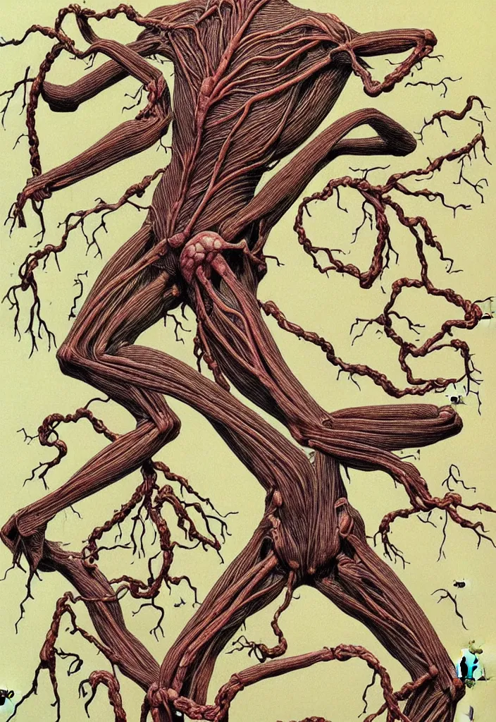 Prompt: prompt: anatomy dissection drawing veins and organs human shaped tree character drawn by Takato Yamamoto, bonsai anatomy atlas, veins and organs attached to tree roots, alchemical objects inspired by 1980's sci-ci, old experimentation cabinet, intricate oil painting detail, manga 1980