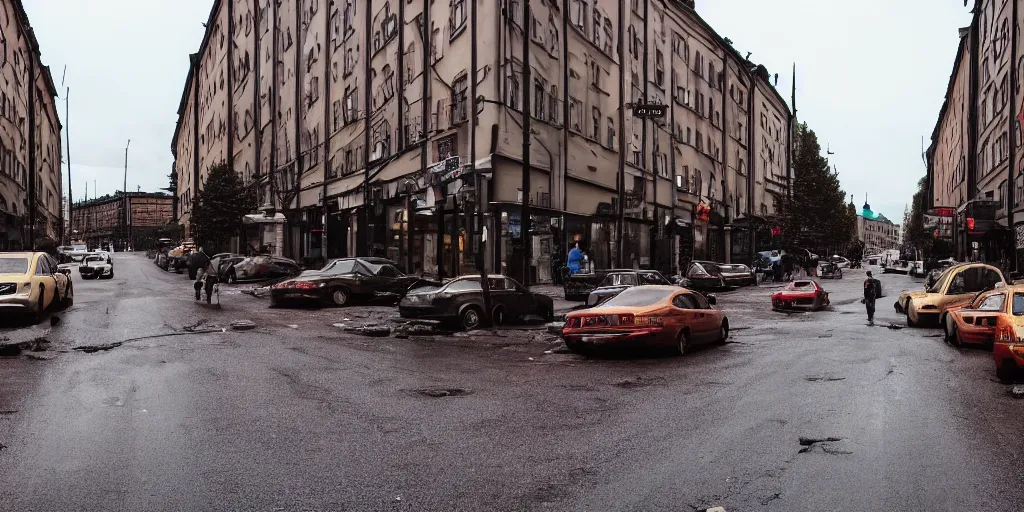 Prompt: Beautiful photo of Hordes of Zombies in Stockholm, Sweden, Intersection, Storefront, alleyway, city street lights, abandoned cars, smoke, convenience store, dusk sky, city street, zombies exiting store, zombies getting groceries, hilly road, Swedish writing, looking down street, smoke, wet road, wet street, very high quality photography, dusk.