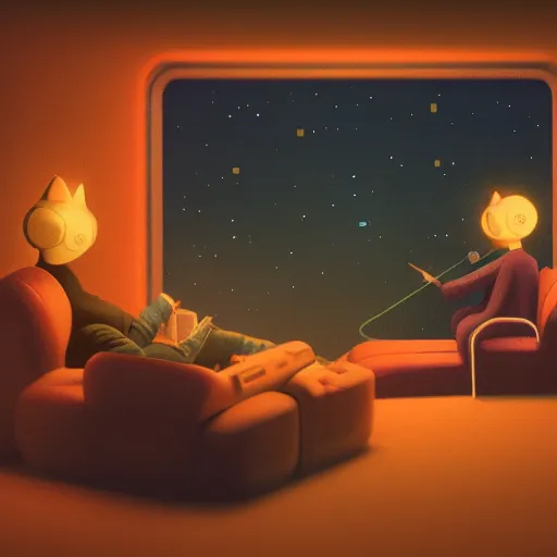 Prompt: cat sitting on sofa watching TV in night by Mike Winkelmann