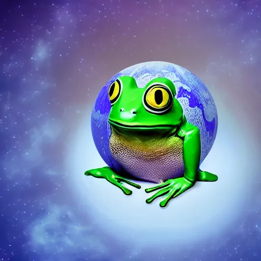 Image similar to frog with 3 eyes ponders holographic image of globe with evil smile, dark room