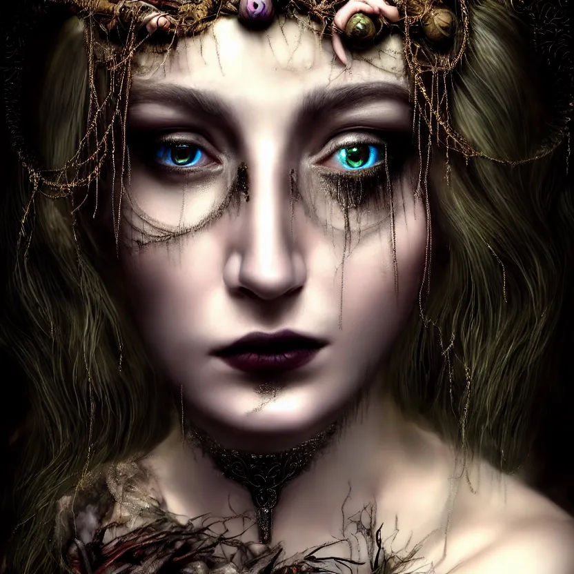 Prompt: mindblowing portrait of the enchantress queen, a stunning timeless beauty, breathtaking eyes, perfect skin, feathered eyelashes, royal gothic dress with a lot of leather, heavy silent hill aesthetic, incredibly intricate, digital art, blender, houdini & photoshop, very elegant & complex, hyper-maximalist, overdetailed, epic cinematic quality, biblical art lighting, photorealistic, lifelike, OLED, DSLR HDR 8k, face is the focus, facial feature symmetry, hyper composed, created by Nixeu & z--ed from deviantart