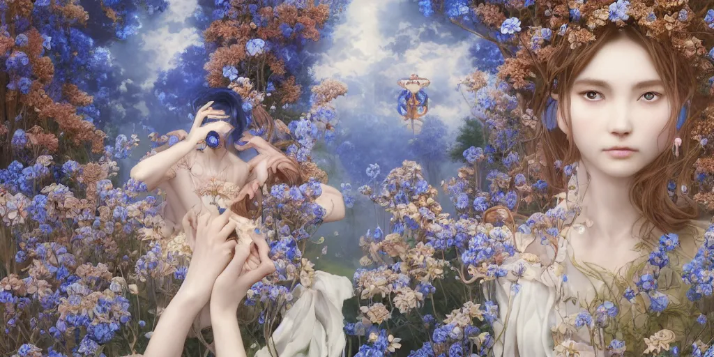 Image similar to breathtaking detailed concept art painting of the goddess of nemophila flowers, orthodox saint, with anxious, piercing eyes, ornate background, amalgamation of leaves and flowers, by Hsiao-Ron Cheng, James jean, Miho Hirano, Hayao Miyazaki, extremely moody lighting, 8K