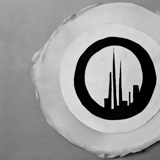 Image similar to a perfect circle where the inside is empty blank space and around the outer edge of the circle is the silhouette of a city skyline, black and white, minimalist, in the style of a charcoal drawing, made by david mellen