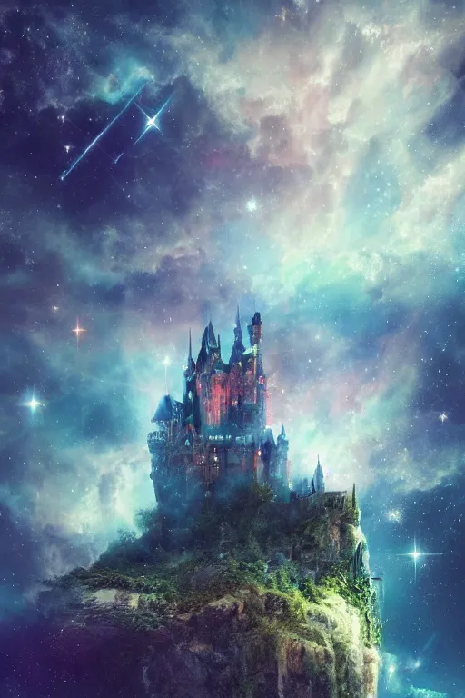 Prompt: a beautiful castle outside of time and space, dreamy, ethereal, eternity, the universe, cosmic, majestic, interstellar, iridescent sky, vibrant, nebula, digital art, airbrush, intricate, epic, depth, artstation, highly detailed, octane render, 8k