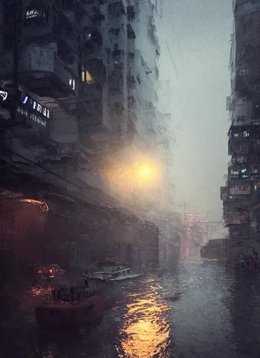 Image similar to dramatic Photorealistic, Matte Painting of a tug boat with bright head lights exploring a busy post apocalyptic deep flooded Hong Kong city street at night,dark Tall buildings by Greg Rutkowski,Craig Mullins,Hyperrealism,Beautiful dramatic moody lighting,Cinematic Atmosphere,volumetric,Octane Rendering,8K