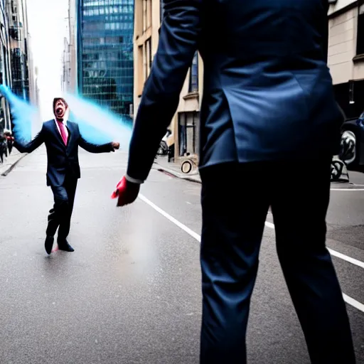 Prompt: businessman in a suit with his trousers down, holding a graffiti spray can, and screaming like a maniac in a busy city street