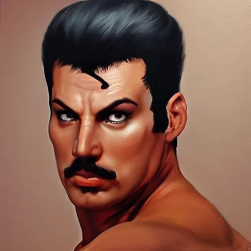 Prompt: ultra realistic freddy mercury as ryu from street fighter, painting by frank frazetta, 4 k, ultra realistic, highly detailed,