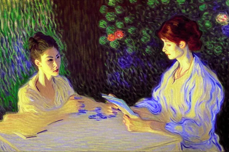 Image similar to portrait of two wise and very beautiful women discussing some texts appearing in a computer screen, art by monet, intricate, elegant, highly detailed, smooth, sharp focus, artstation