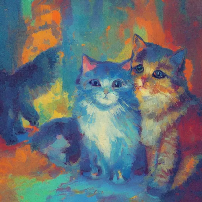 Prompt: colourful painting of two cute little kitties, art in paul lehr and charles camoin style, close shot, bright, evening, soft lighting, focus, masterpiece art