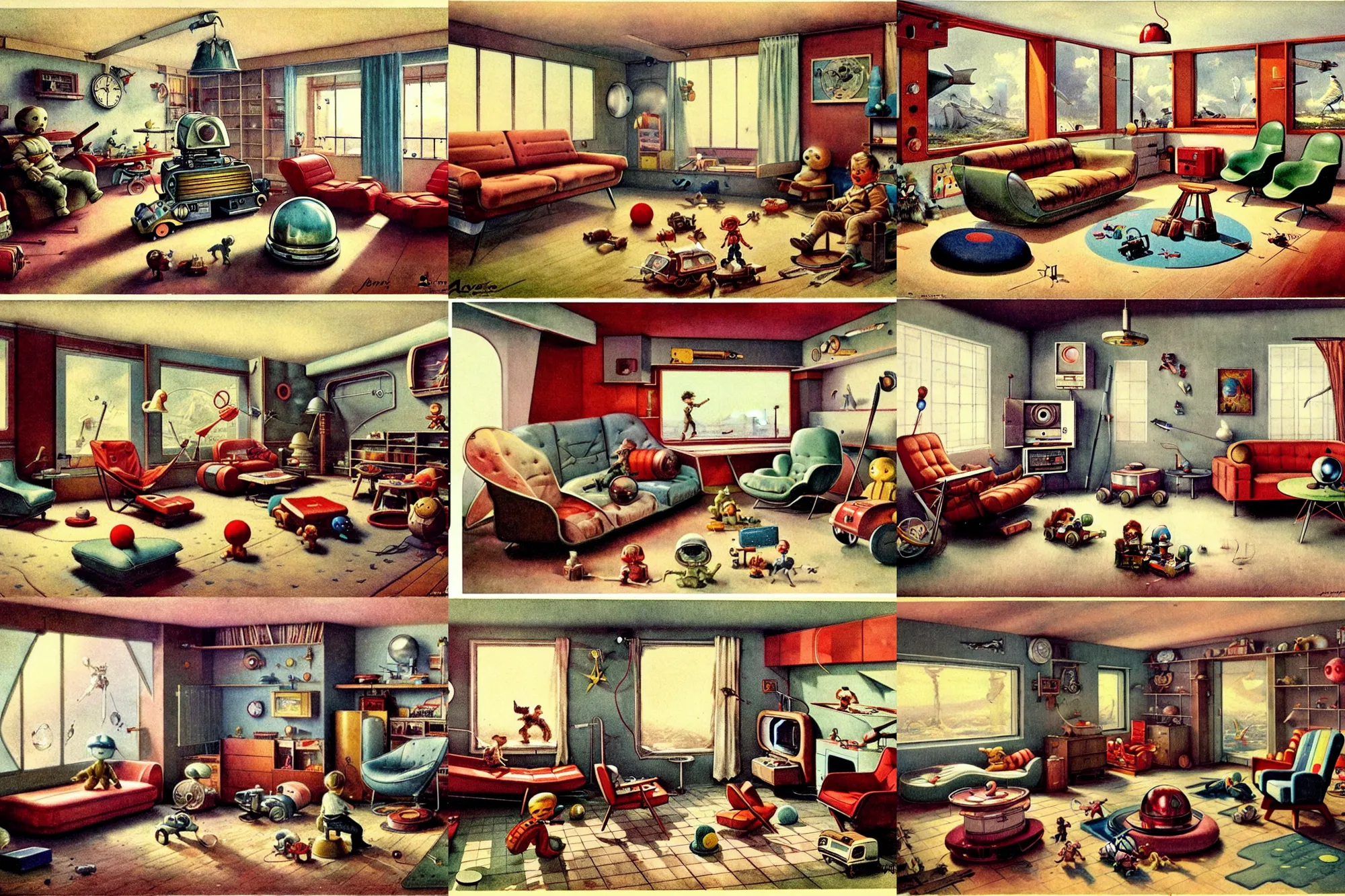 Prompt: adventurer 1 9 5 0 retro future living room. muted colors, toys laying around, by jean baptiste monge, chrome red