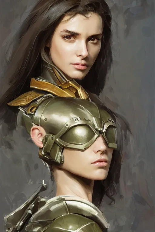 Image similar to a professionally painted portrait of an attractive young woman, clothed in military armor, olive skin, long dark hair, beautiful bone structure, symmetrical facial features, intricate, elegant, digital painting, trending on Artstation, concept art, smooth, sharp focus, illustration, from Metal Gear by Ruan Jia and Mandy Jurgens and Artgerm and William-Adolphe Bouguerea, award winning