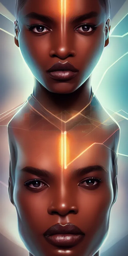 Image similar to symmetry!! solid cube of light, hard edges, product render retro - futuristic poster scifi, lasers coming from eyes, brown skin man, intricate, elegant, highly detailed, digital painting, artstation, concept art, smooth, sharp focus, illustration, dreamlike, art by artgerm