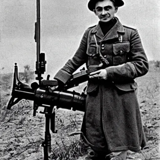 Image similar to old wartime photograph of mr bean holding a lewis gun, 1 9 1 7