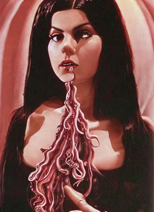 Image similar to 1978 film still from an Italian horror film of a Victoria Justice in her silk school uniform as the Queen of slimy tentacles clothed completely in silk looking at you intensely with seductively serious eyes while being consumed by the slimy Octopus God. ultra detailed painting at 16K resolution and epic visuals. epically surreally beautiful image. amazing effect, image looks crazily crisp as far as it's visual fidelity goes, absolutely outstanding. vivid clarity. ultra. iridescent. mind-breaking. mega-beautiful pencil shadowing. beautiful face. Ultra High Definition. process twice.