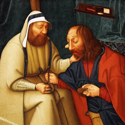 Image similar to detailed portrait of a medieval doctor performing treatment on a peasant, 4 k high detail, scientific