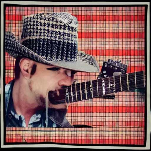 Image similar to a fox animal, wearing cowboy hat, wearing plaid shirt, playing guitar, in barn, album cover style