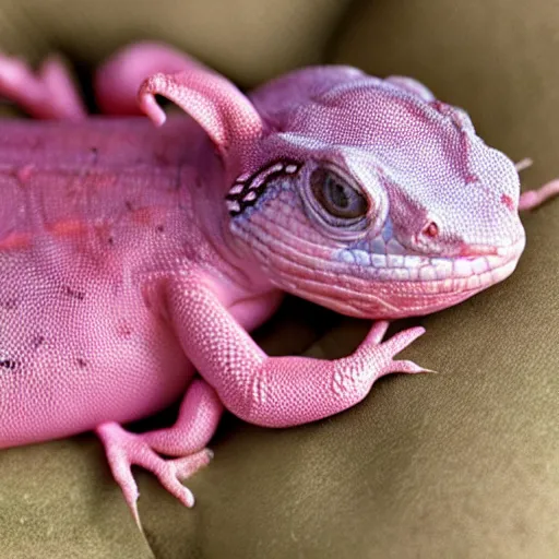 Image similar to pink lizard woman sleeping in a soft bed