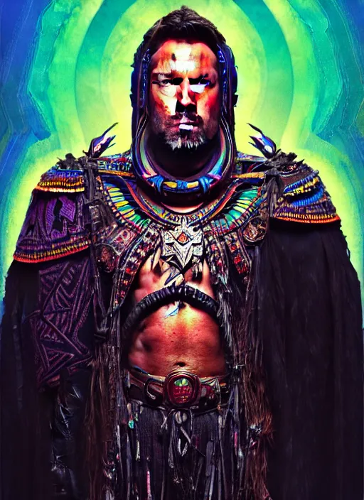 Image similar to portrait of ben affleck, hyper detailed ultra sharp aztec shaman warrior. trending on artstation, warpaint aesthetic, bloodwave, colorful, psychedelic, ornate, intricate, digital painting, concept art, smooth, sharp focus, illustration, art by artgerm and greg rutkowski and h. r. giger, 8 k