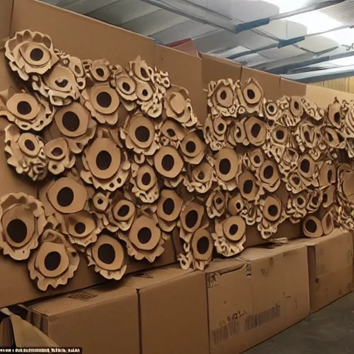 Image similar to many octopus tentacles made of cardboard, cut out of brown corrugated cardboard