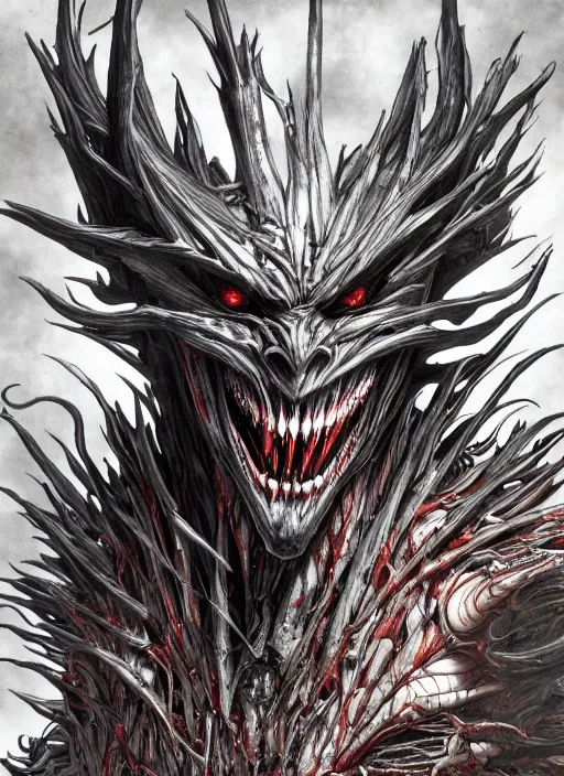 Prompt: Ryuk by Yoshitaka Amano, by HR Giger, biomechanical, 4k, hyper detailed, hyperrealism, anime, a Blood Moon rising on a Broken World, deviantart, artstation