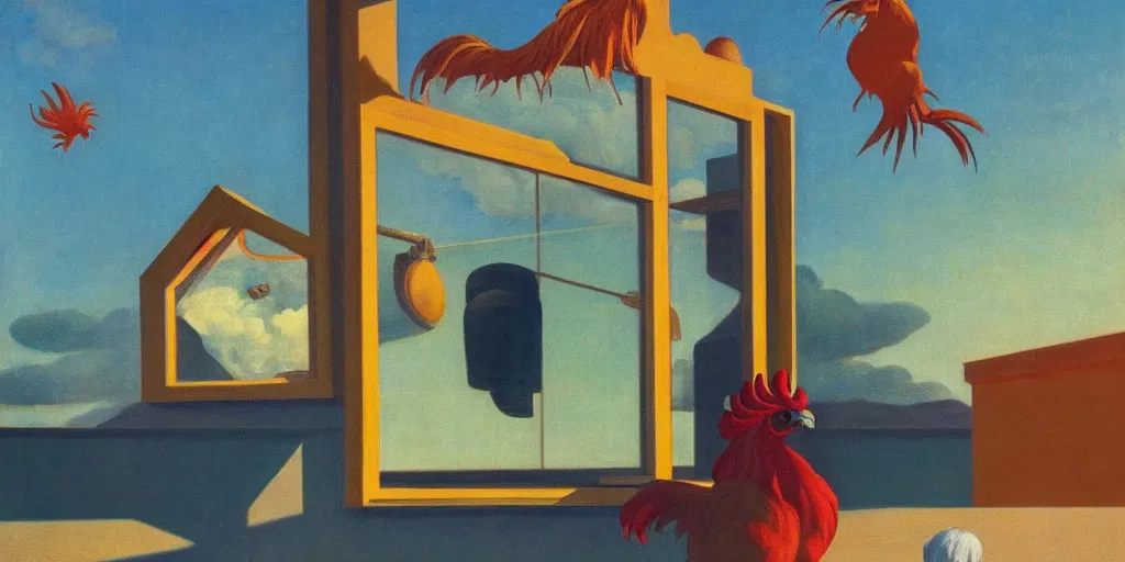 Image similar to peculiar rooster pictured in afternoon light, clouds, bird, open ceiling, strange foreign objects, surrealist oil painting by edward hopper, chirico and rene magritte