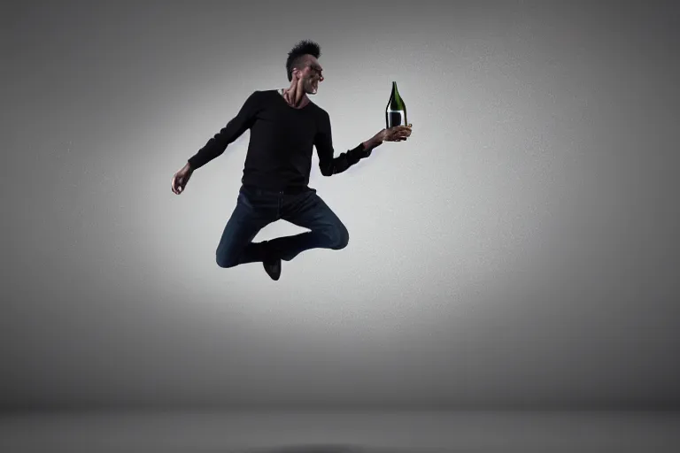 Image similar to A male model boisterously dancing around the room by himself holding an empty wine bottle as he jumps in the air by Lynda Benglis, octane render, 4k, 8k, (sharp) , very very beautiful, stunning, twisted, vanishing, transparent, ethereal