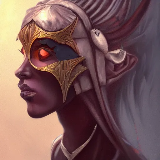 Image similar to a painting of a female dark elf holding her mask, a character portrait by Nína Tryggvadóttir, polycount contest winner, fantasy art, detailed painting, concept art, artstation hd