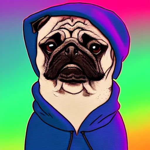 Image similar to a sad pug wearing a hoodie, the word ( sad ) is written on the hoodie in upper case letters, digital art, synthwave style, trending on artstation, matte painting