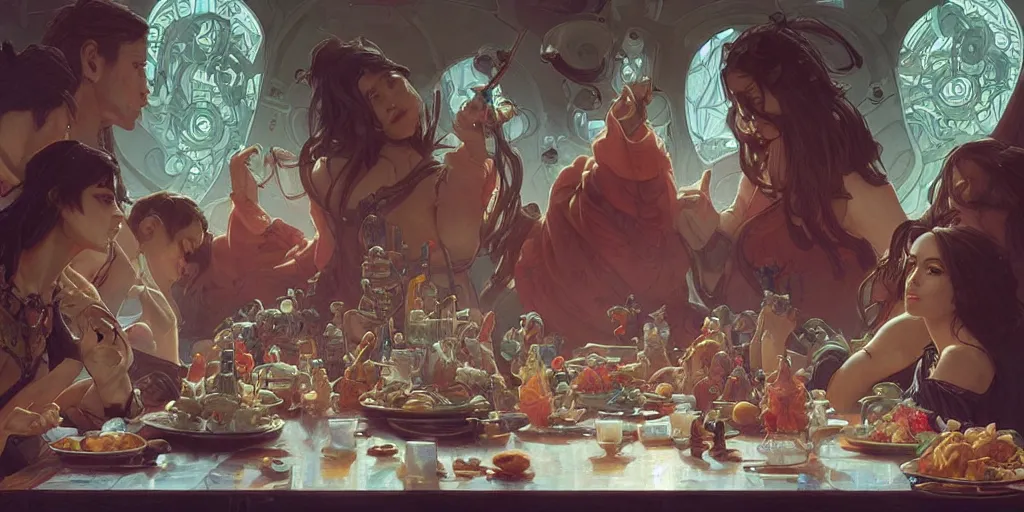 Image similar to the last supper of robots. highly detailed, digital painting, artstation, concept art, smooth, sharp focus, illustration, art by artgerm and greg rutkowski and alphonse mucha and loish and wlop