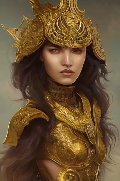 Image similar to three-quarters portrait pose of a beautiful woman, strong body, shining gold armor, human warrior, fantasy, intricate, elegant, highly detailed, digital painting, artstation, concept art, matte, sharp focus,D&D, illustration, art by Stanley Lau