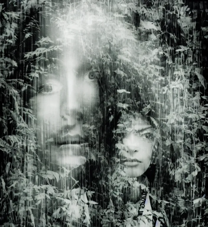 Image similar to a female model with long black hair, emerging from a dense misty jungle wearing camouflage by yohji yamamoto, in the style of daido moriyama, 3 5 mm film, camera obscura, double exposure