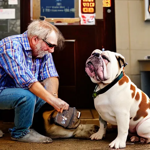 Prompt: Buddy the graying middle aged homeless man holding an xbox controller next to a crowned royalty english bulldog, photo by Wes Anderson