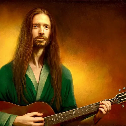 Prompt: pure and kind aristocratic long straight red haired man wearing a green cloak playing a guitar portrait, innocent, pure, naive, atmospheric lighting, painted, intricate, volumetric lighting, beautiful, rich deep colours masterpiece, golden hour, sharp focus, ultra detailed, by leesha hannigan, ross tran, thierry doizon, kai carpenter, ignacio fernandez rios