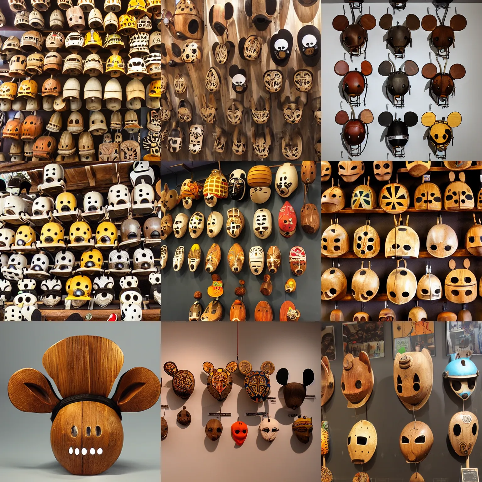 Prompt: Collection of African Traditional Wooden DeadMau5 helmets, Museum Photos
