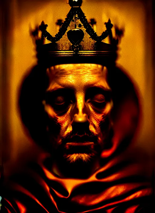 Image similar to 'Portrait of Crowned King Arthur' by Lee Jeffries royally decorated, whirling plasma, atmospheric motes, red and gold Sumptuous garb, gilt silk fabric, radiant colors, fantasy, perfect lighting, studio lit, micro details,