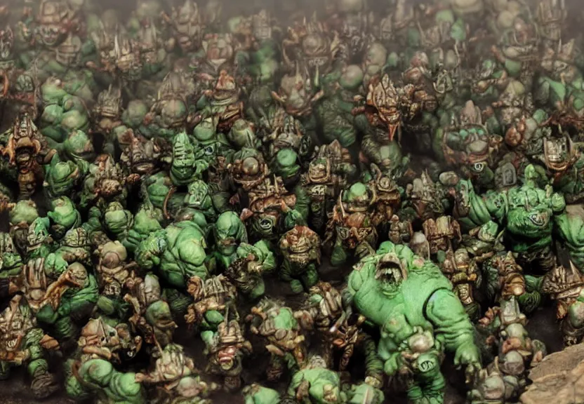 Prompt: thousands of nurglings rush down the hill to the arms of papa nurgle, warhammer, WLOP