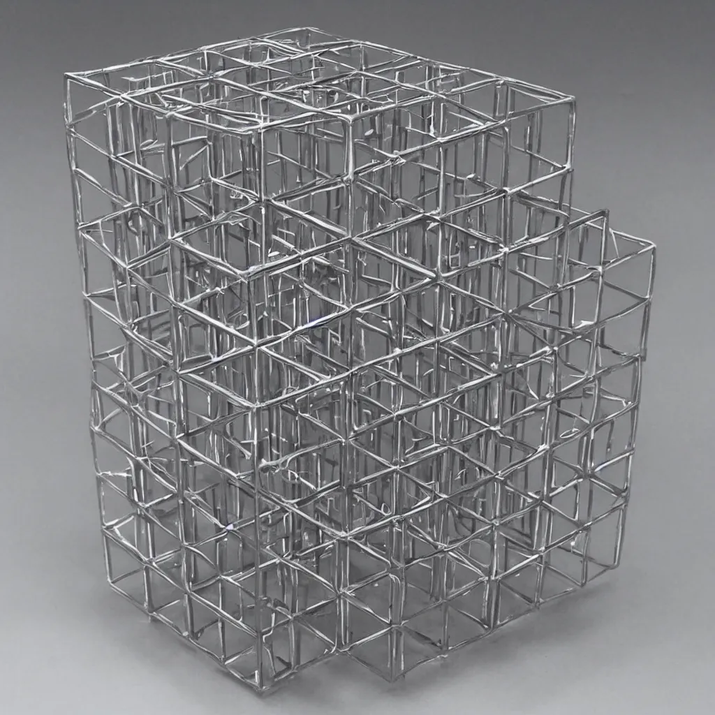 Prompt: a realistic metal sculpture of a hypercube, super detailed