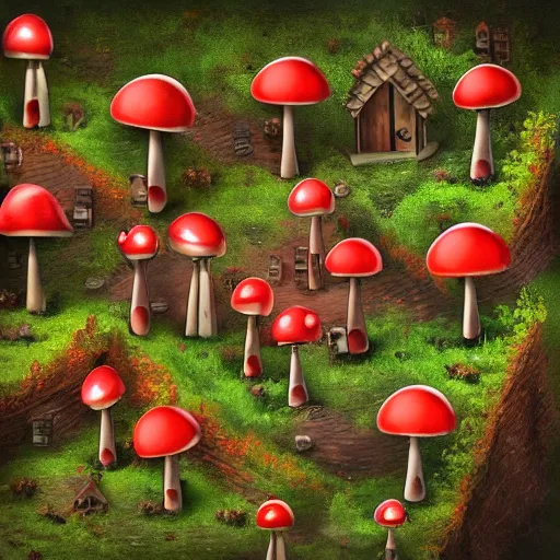 Image similar to beautiful dystopian deserted overgrown city anthropomorphic red mushroom tiny village