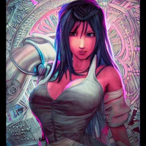 Prompt: tifa lockhart, an ultrafine detailed illustration by james jean, final fantasy, intricate linework, bright colors, behance contest winner, vanitas, angular, altermodern, unreal engine 5 highly rendered, global illumination, radiant light, detailed and intricate environment