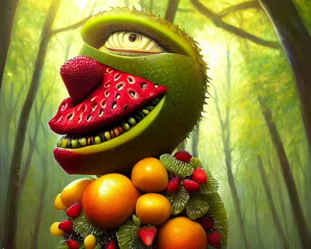 Prompt: a fruit monster made of different fruit, 3 7 1, walking around in forest, detailed mouth, detailed eyes, forest background, trees and flowers, trees in foreground, rays of golden sunlight, oil painting, highly detailed, dramatic lighting, hyperrealistic, smooth, artstation, cgsociety, by artgerm, by wlop