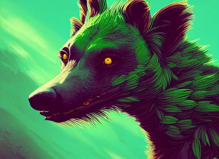 Prompt: A psychedelic Green-headed Coneflower hyena , vibrant color scheme, highly detailed, in the style of romanticism, cinematic, artstation, Moebius, Greg rutkowski