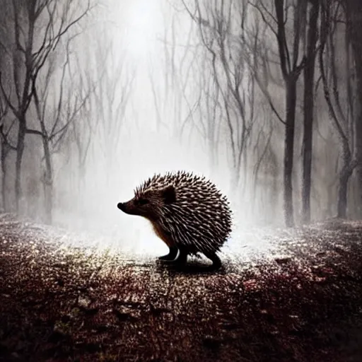 Image similar to hedgehog in creepy scary nightmare atmosphere, realsitic