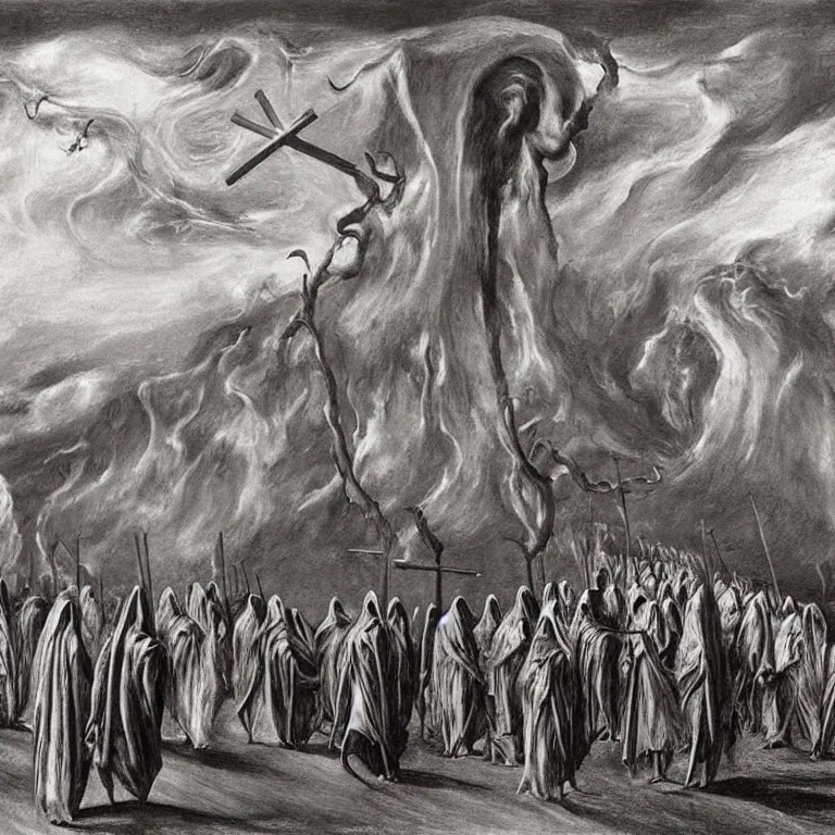 Image similar to A Holy Week procession of grim reapers in a lush Spanish landscape at night. A hooded figure at the front holds a cross. El Greco, Remedios Varo, Salvador Dalí, Zdzisław Beksiński,Carl Gustav Carus, Edward Hopper.