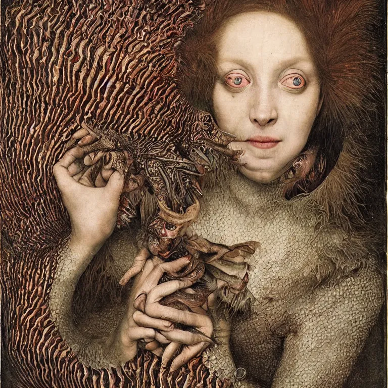 Image similar to a fish eye lense photograph of a women with goat pupils transforming herself into a beast. her skin is covered in scales and feathers. painted by jan van eyck, and max ernst, trending on artstation, 8 k, award winning